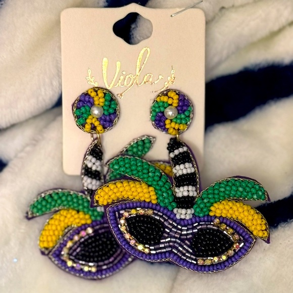 Viola Beaded Mardi Gras Mask Earrings made by my mother - Picture 1 of 1